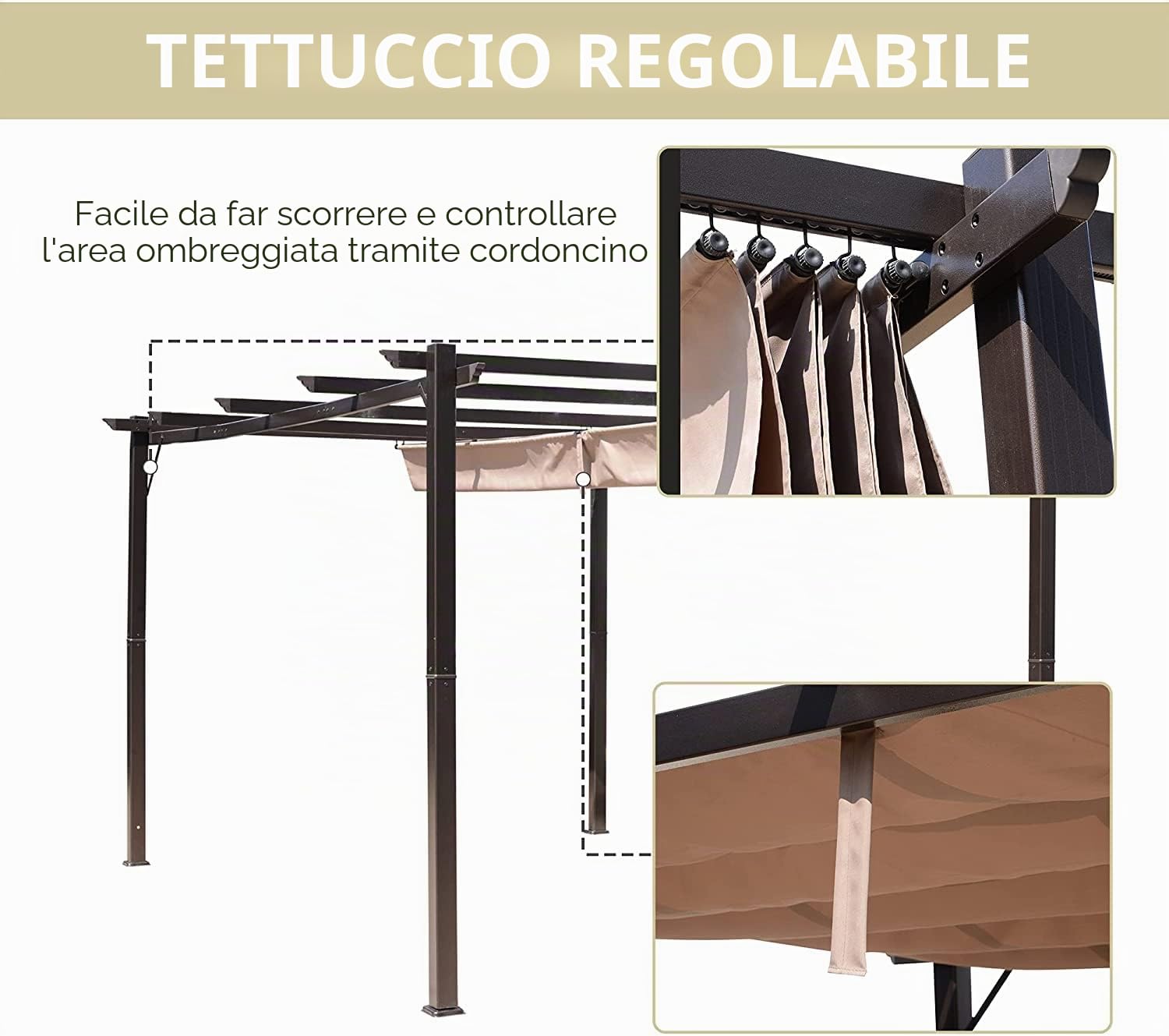 Gazebo Pergola da Giardino 3x3m/3x4m Telo Scorrevole Poliestere Impermeabile Struttura in Alluminio con Tetto a Scomparsa (3x4x2.30)