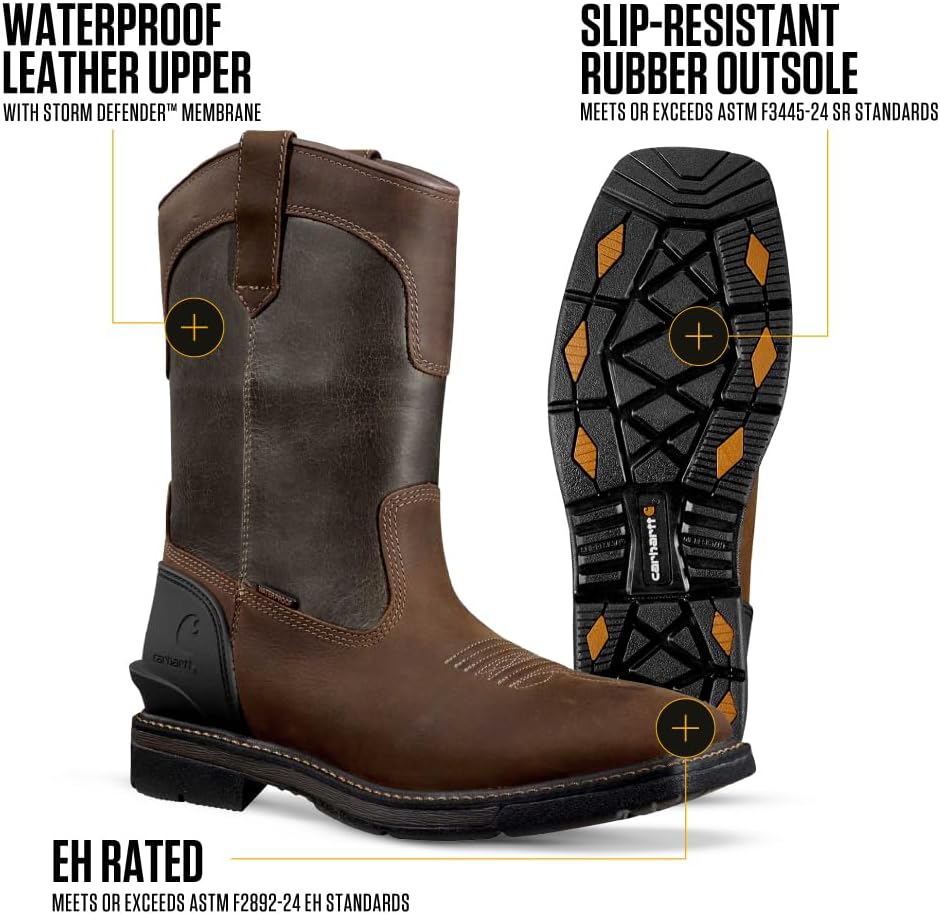 Carhartt Men's Montana 11" Wellington Work Boots – Waterproof & Water-Resistant, Steel Toe & Soft Toe, Pull-On Square Toe