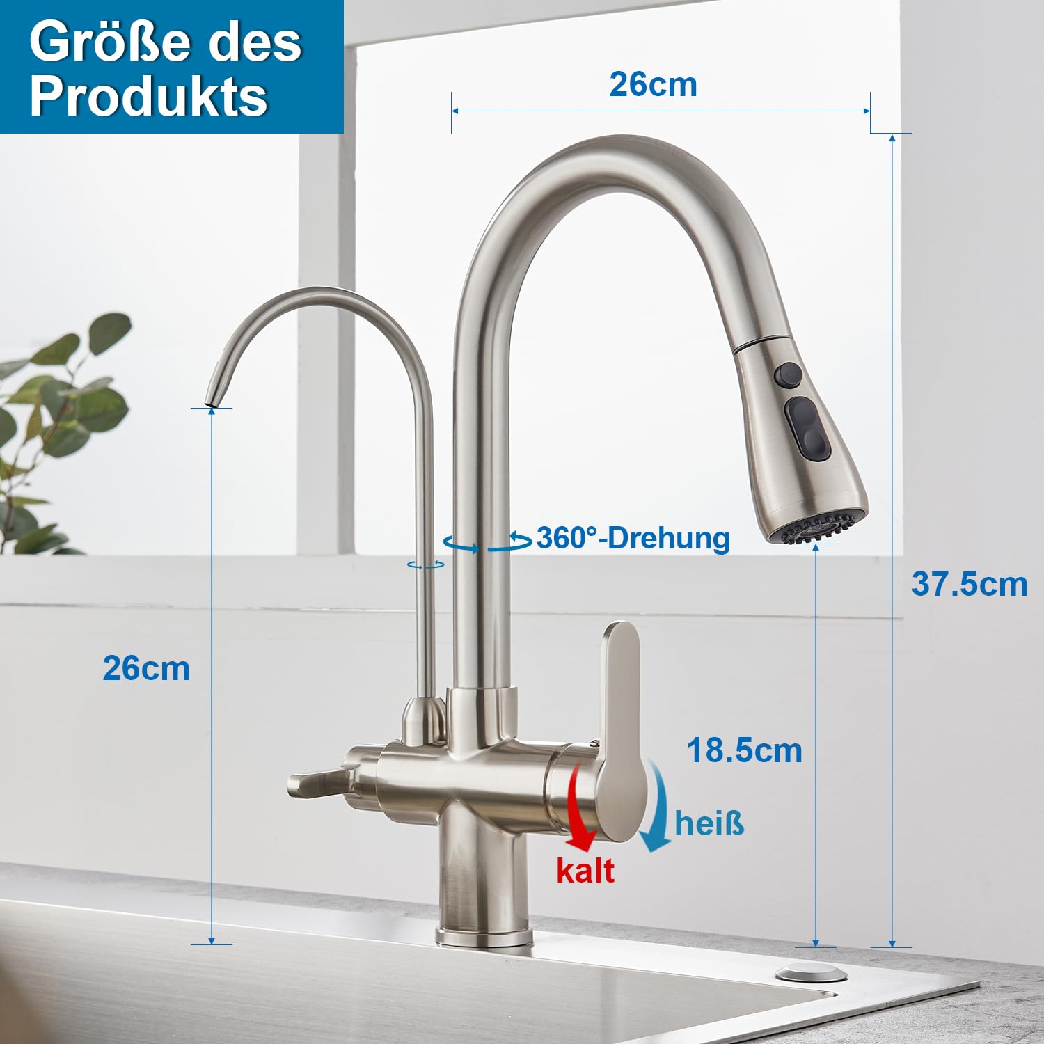 Grifo de cocina con filtro de agua 3 en 1, grifo de cocina extraíble, grifo de fregadero con dos salidas