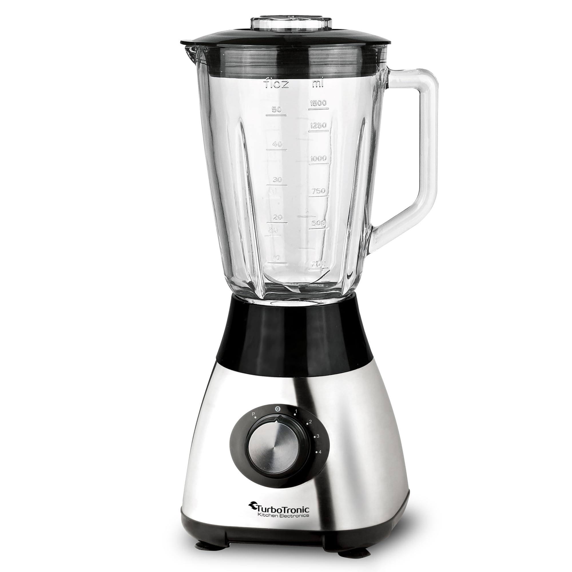 TurboTronic Standmixer mit 1,5L Glasbehälter 1200W Edelstahl silber, Smoothie Maker, Ice Crush Funktion, Blender