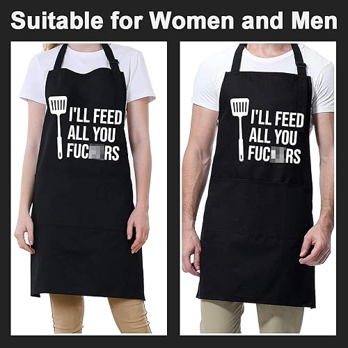 Miniatura 6 de Divertidos delantales negros para hombres y mujeres, ajustables con 3 bolsillos, regalos para cocinar, asar, barbacoa, chef