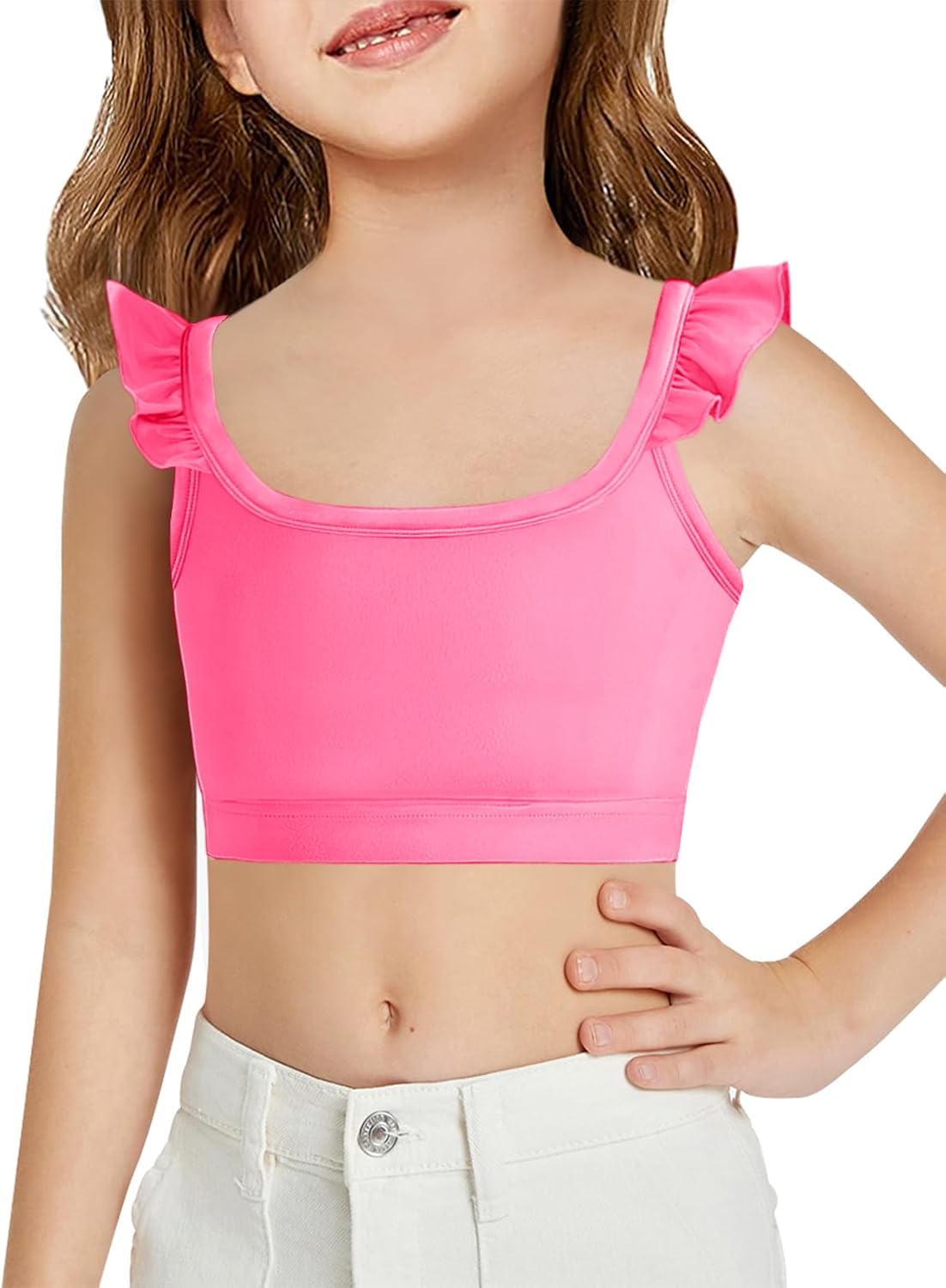 Haloumoning Girls Training Bra Kids Cute Ruffle Sports Bra Workout Yoga Bra Comfort Dance Crop Top