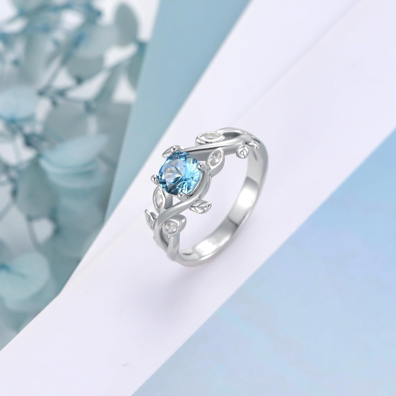 March Birthstone Ring for Women Sterling Silver Aquamarine Leaf Ring Promise Ring for Her Round Shaped 6 MM Gemstone Branch Statement Ring - Image 3