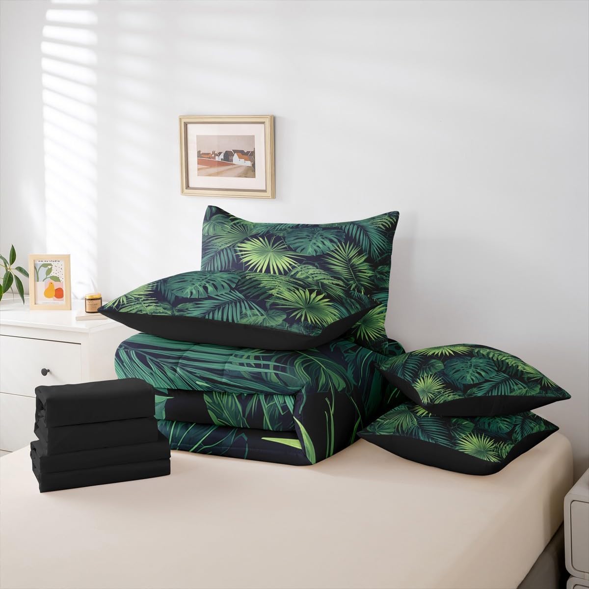 Erosebridal Palm Leaves Queen Comforter Set 7 Pieces, Monstera Bed in A Bag for Bedroom, Hawaii Tropical Leaves Bedding Set with Comforters, Sheets, Pillowcases Summer Boho Hippie Style Room Decor