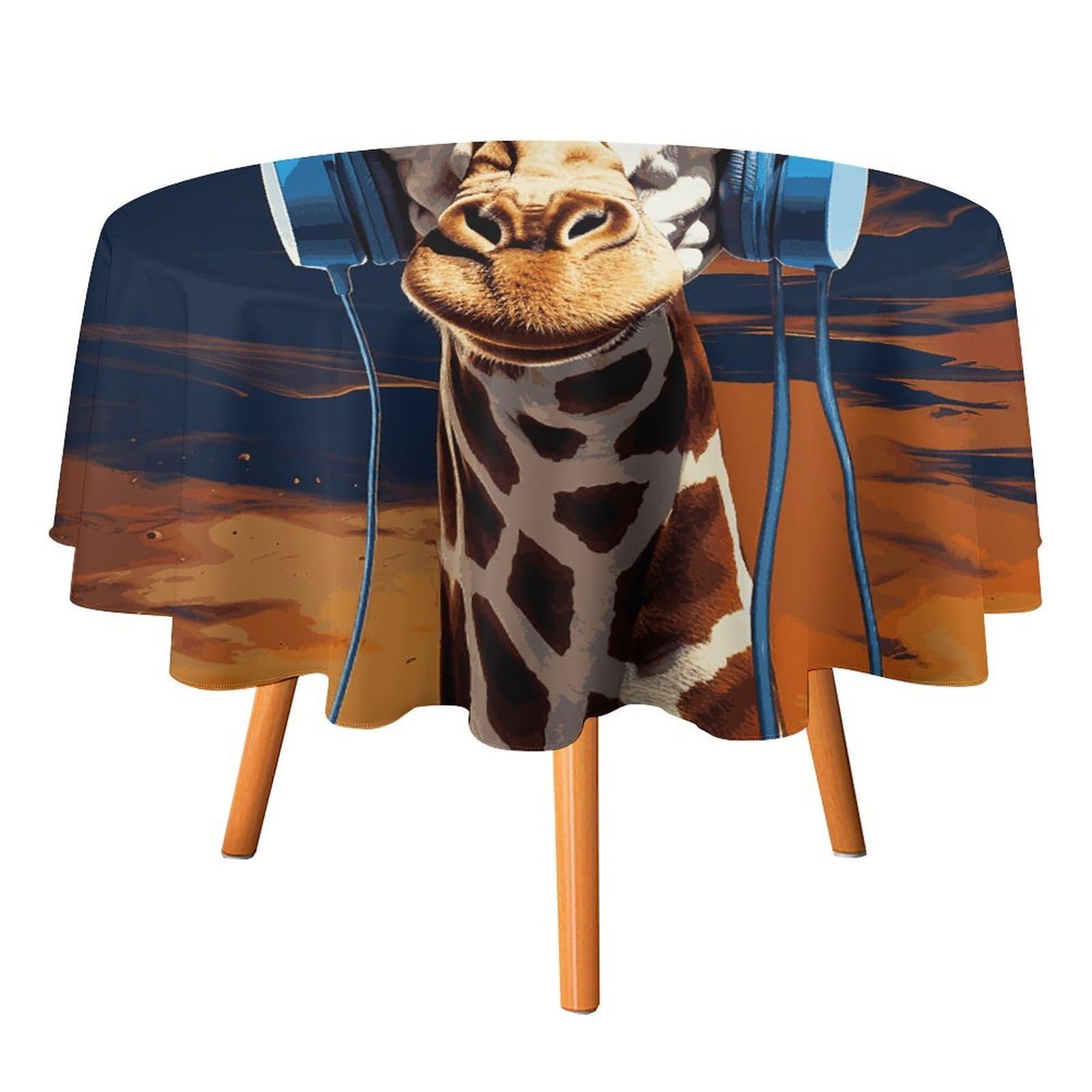 Fekiloot Style Giraffe Wearing Headphones Round Tablecloth - Heavy Duty And Washable,Polyester Decorative Fabric Table Cover,Tablecloths For Kitchen Dining, Wedding, Birthday Party70x70in