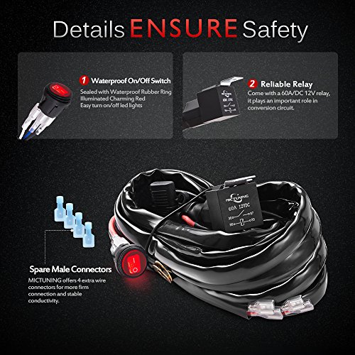 Mictuning Hd+ 12 Gauge Led Light Bar Wiring Harness Kit With 60Amp Relay, 3 Free Fuse, On-Off Waterproof Switch Red(2 Lead) #TOP2
