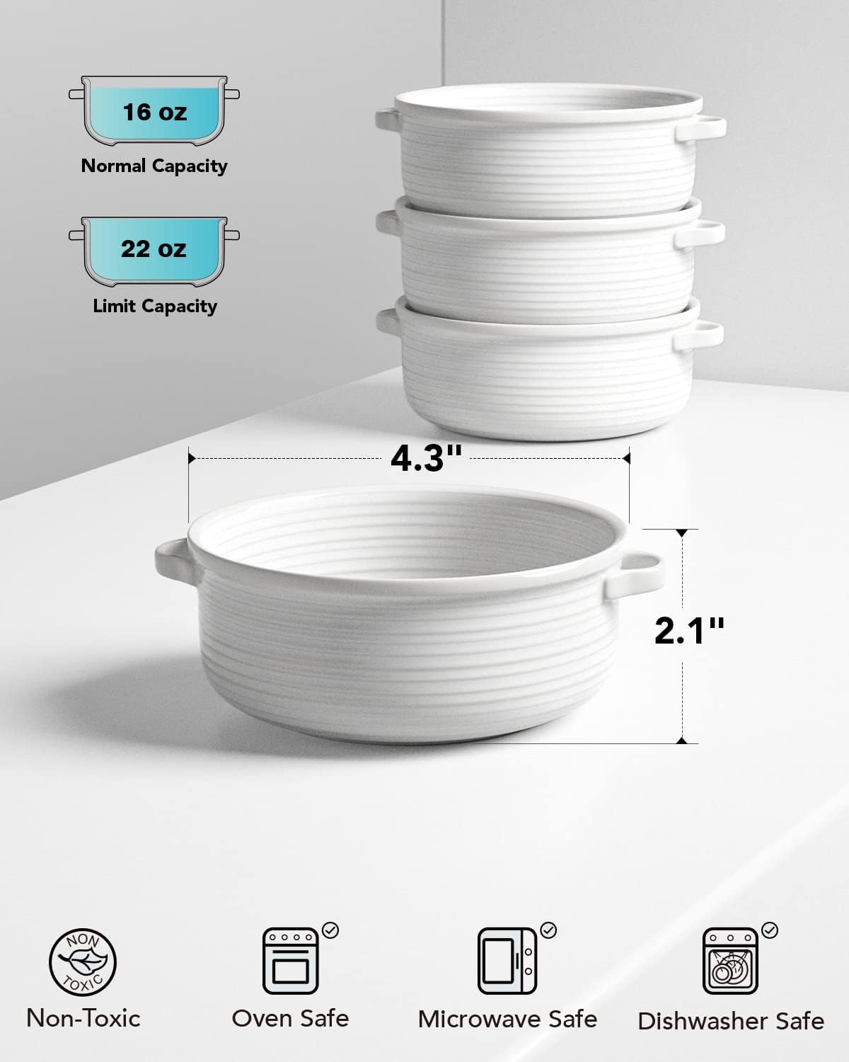 LE TAUCI Soup Bowls with Handles - 22 oz Lead-Free Ceramic French Onion Crocks, Oven and Microwave Safe, Heat-Resistant Design, Stackable, Dishwasher Safe, Set of 4, White