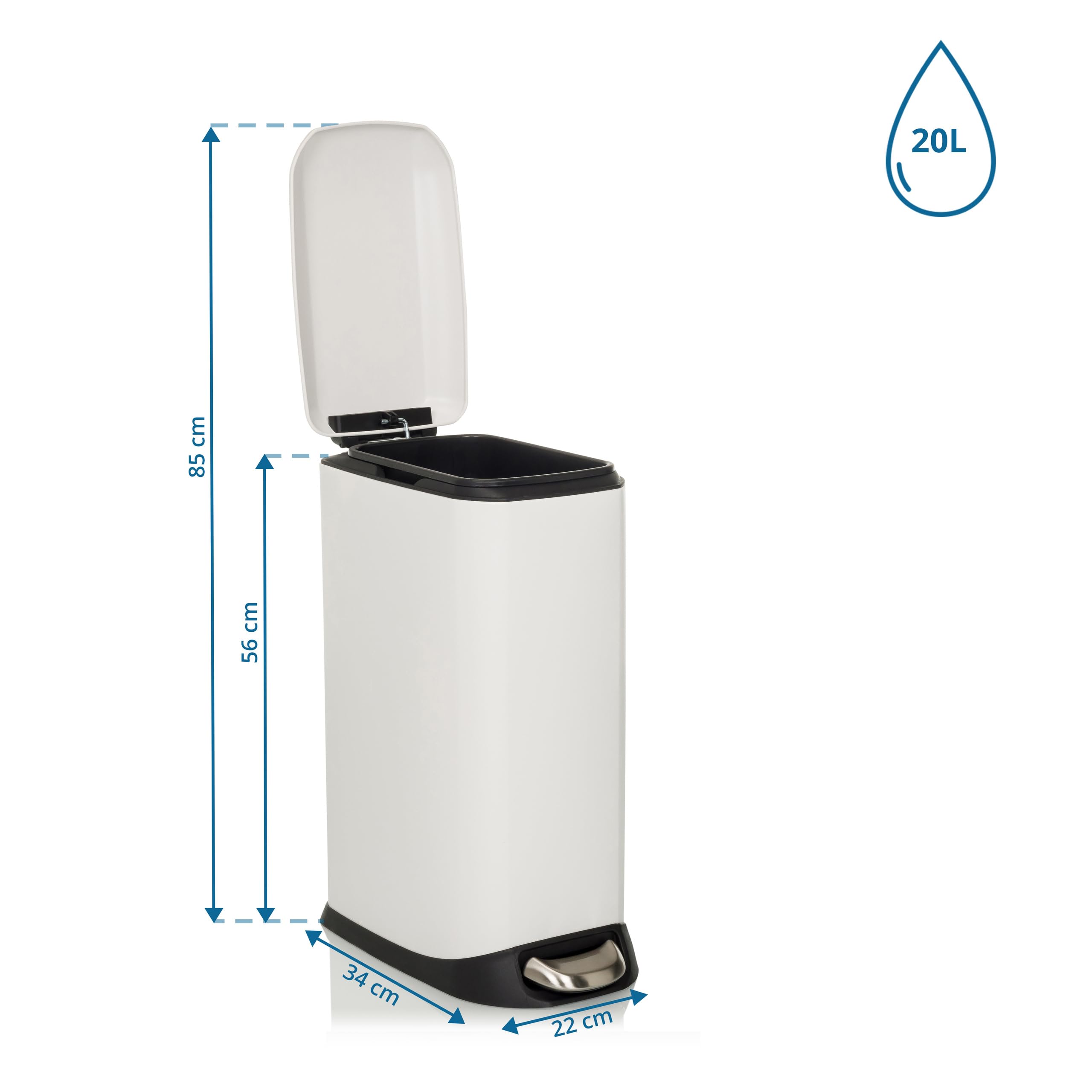 hjh OFFICE Mülleimer 20L, Treteimer mit Deckel, Softclose CLEAN Slim Stahl Abfalleimer schmal mit Inneneimer, Weiß, 56x34x22cm