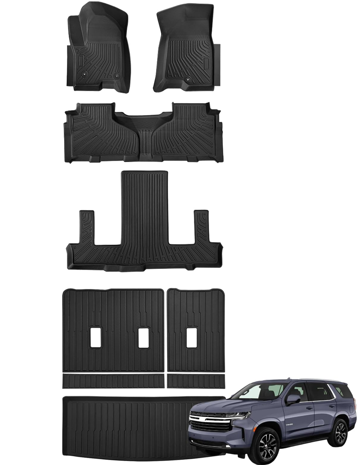 Marretoo Floor Mats for Chevy Tahoe/GMC Yukon 2024-2021 Floor Mats & Cargo Liner with Backrest Mat Full Set 7 Seater All Weather Protection TPE for Yukon Accessories Waterproof Heavy