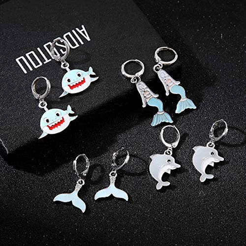 16 Pairs Girls Hypoallergenic Dangle Hoop Earrings Set Cute Silver Huggie Hoop Earrings With Unicorn Mermaid Charm #TOP2