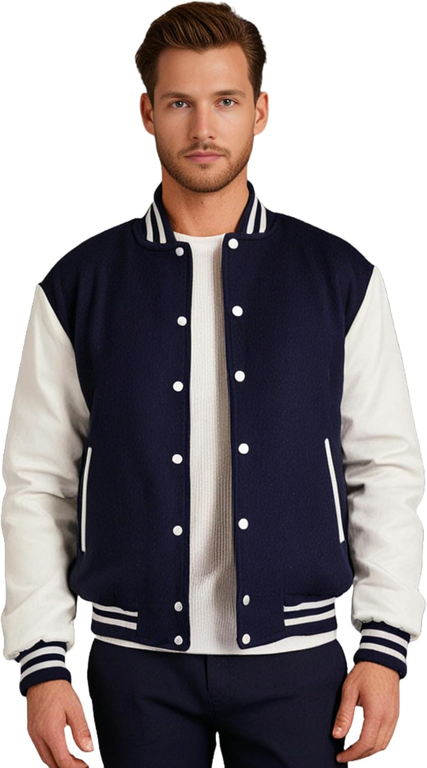 Deckra Men's Varsity Jacket Genuine Leather Sleeve and Wool Blend Letterman Boys College Varsity Jackets XS-5XL