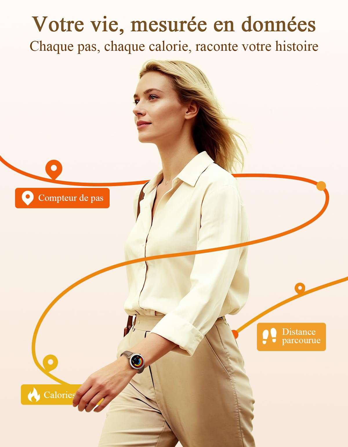 Montre Connectée Femme - Élégant Petit Poignet avec Écran AMOLED 1,19" Bracelet en Cuir Fin, Smartwatch avec Podometre, Cardiofrequencemetre/SpO2/Sommeil pour iOS/Android, Or Rose/Marron