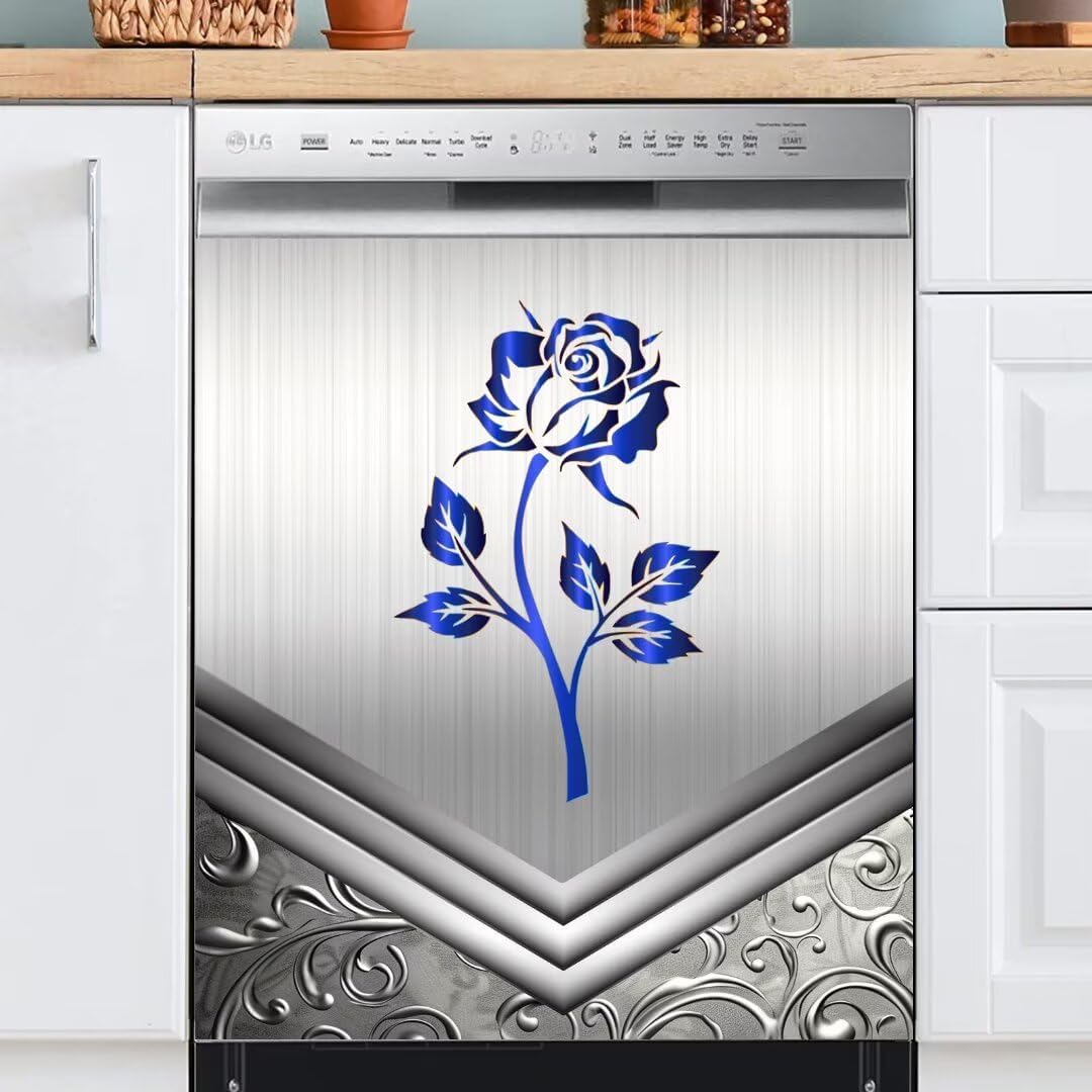Dark Blue Metal Rose Kitchen Dishwasher Magnet Cover Decal, Stainless Steel Magnet Skin Cover for Fridge, Engraved Metal Flower Magnetic Dishwasher Door Cover Panels (23" x 26" Magnetic)