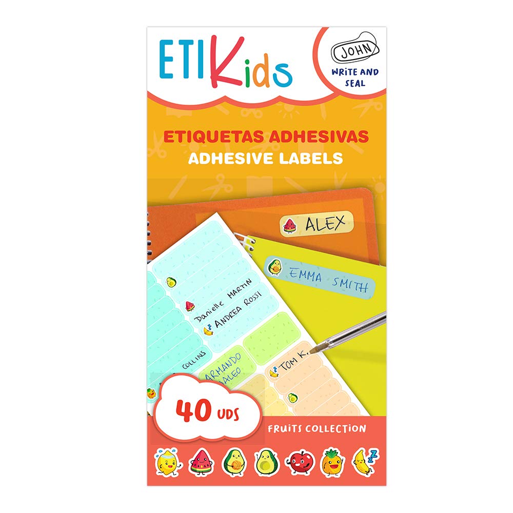 ETIKIDS 40 Etiquetas adhesivas, con dibujos de frutas, laminadas personalizables multiusos (Funny Frutas)