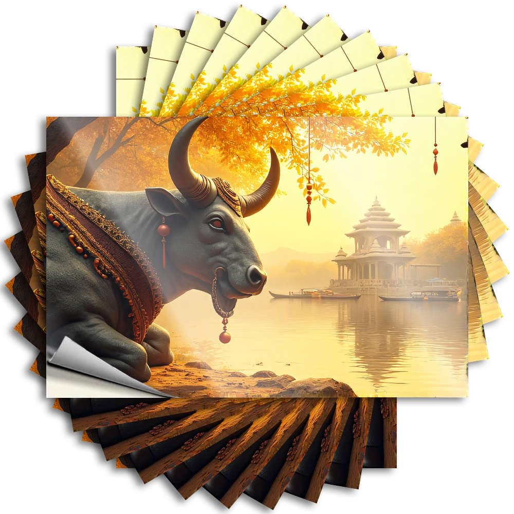 Quote Neutral Vinyl Decals, Decorations for The Kitchen Waterproof Window Stickers for Water Bottle | Golden Horned Bull By Serene Lake with Temple in Background. Perfect for(8X12CM)