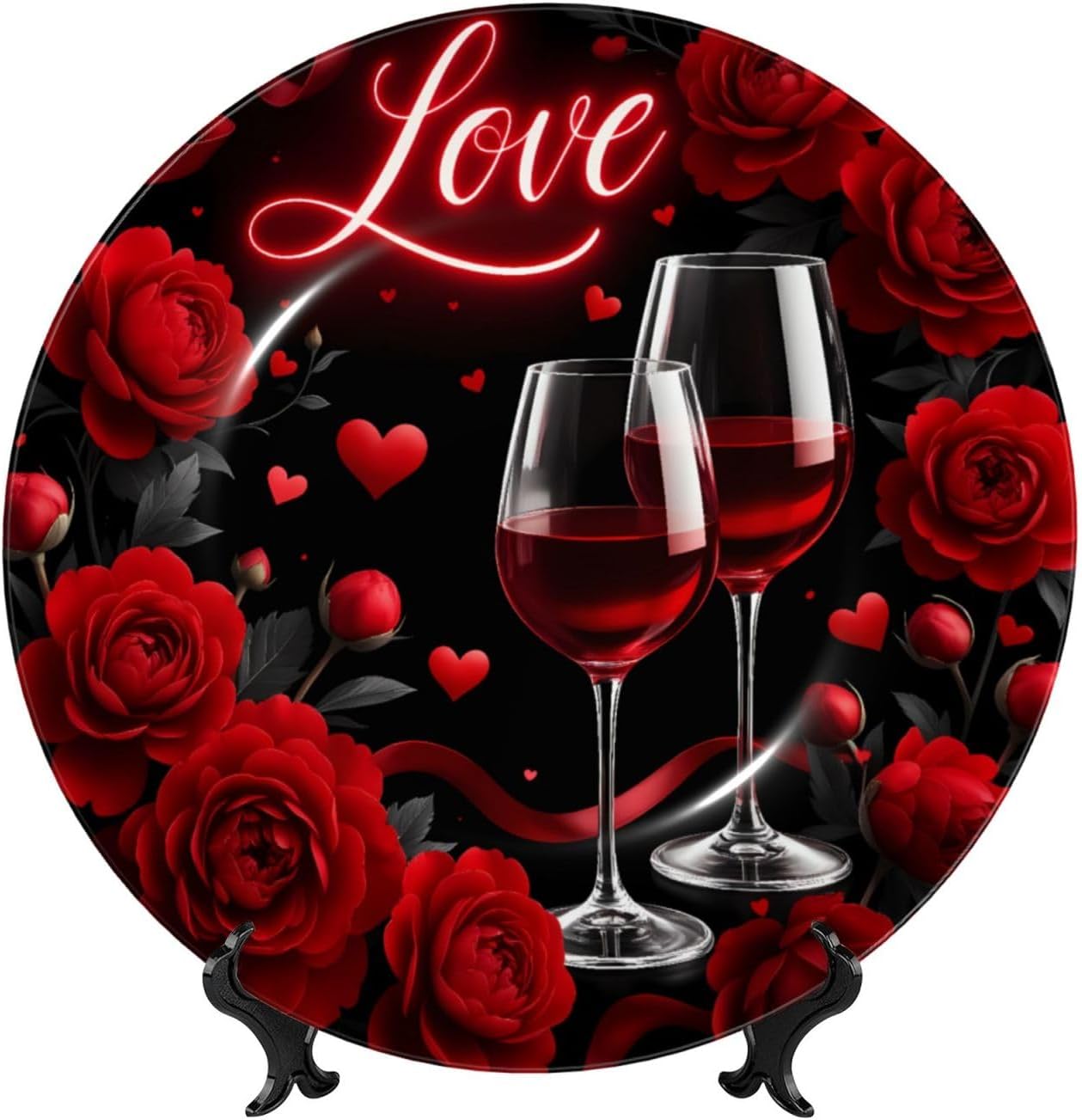 Love Roses Wine Style Ceramic Plate Display Decorative Plate With Stand Wall Hanging Plate For Home Decor 10 Inch