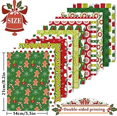 Whaline 12 Designs Christmas Pattern Paper Set A5 Size 60 Sheet Snowman Santa Gingerbread Man Glossy Pattern Paper Green Red Colorful Decorative Craft Paper Double-Sided for Card Making Scrapbook