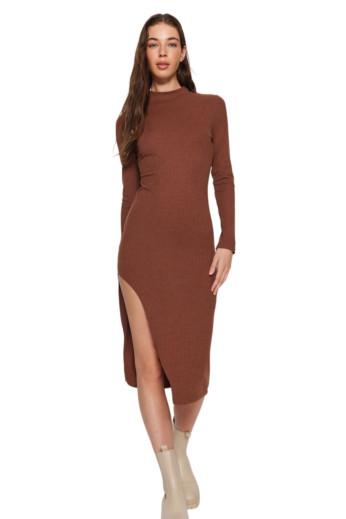 Trendyol FeMan Bodycon Slim fit Knit Dress,Brown,XS