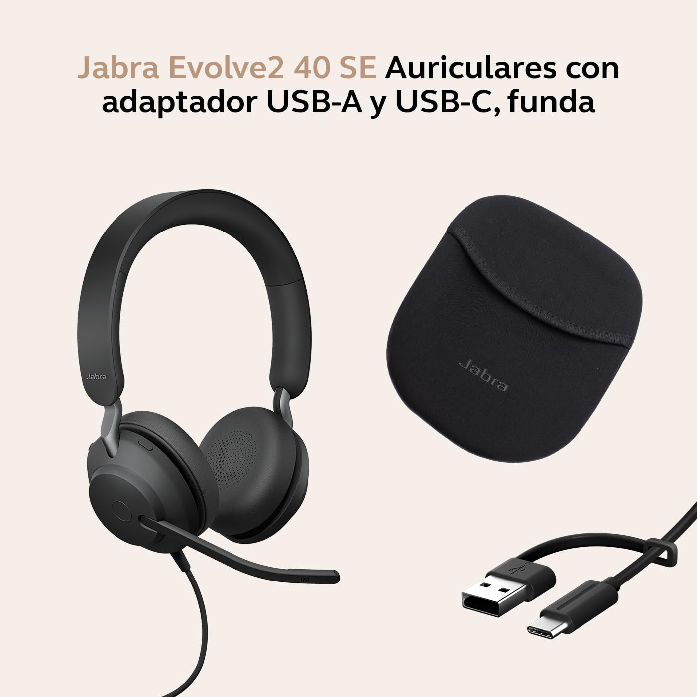Jabra Evolve2 40 SE - Auriculares con Cable con cancelación de Ruido, tecnología de 3 micrófonos y Cable USB-C, Certificado MS Teams, Compatible con Todas Las demás Plataformas, Color Negro