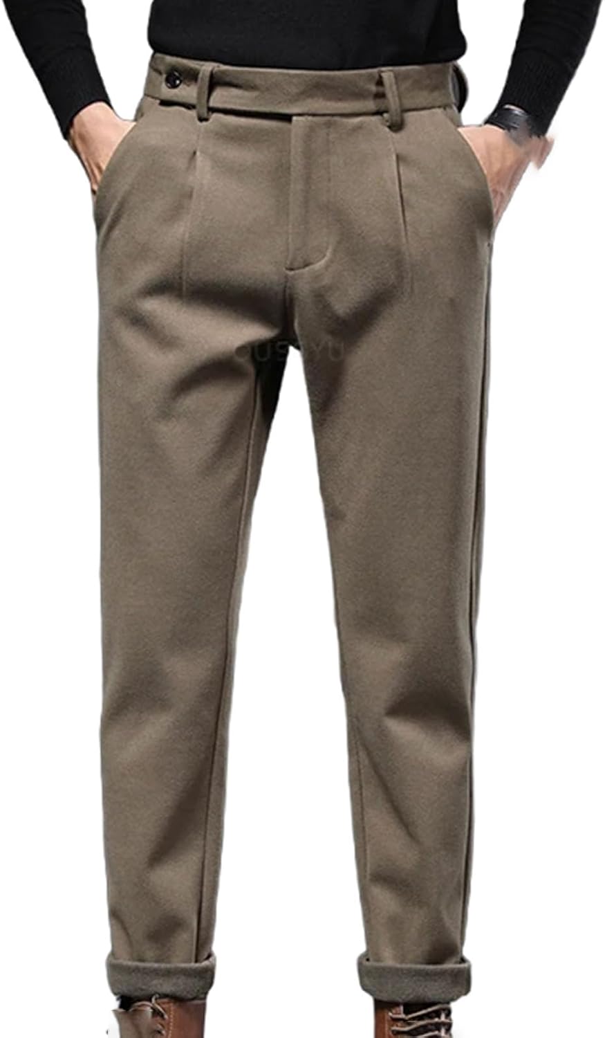 Mens Spring Worsted Suit Pants Thick Business Khaki Woolen Straight Korean Formal Trousers Oversized