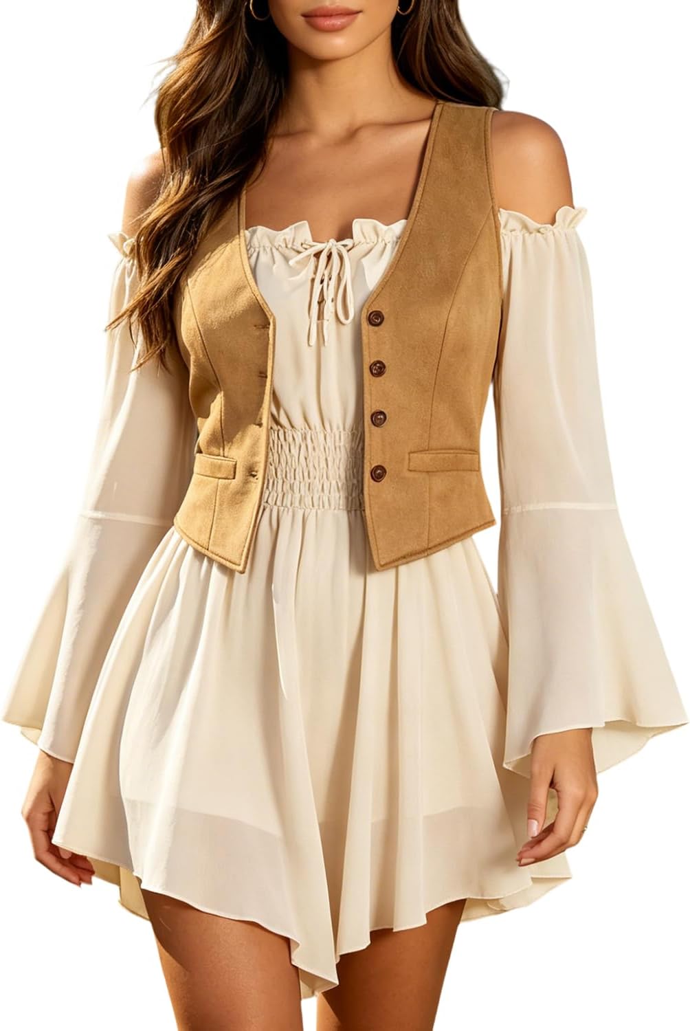 KIMIKAL Brown Renaissance Vest for Women - V Neck Button Front Lace Up Viking Medieval Corset Top with Pockets