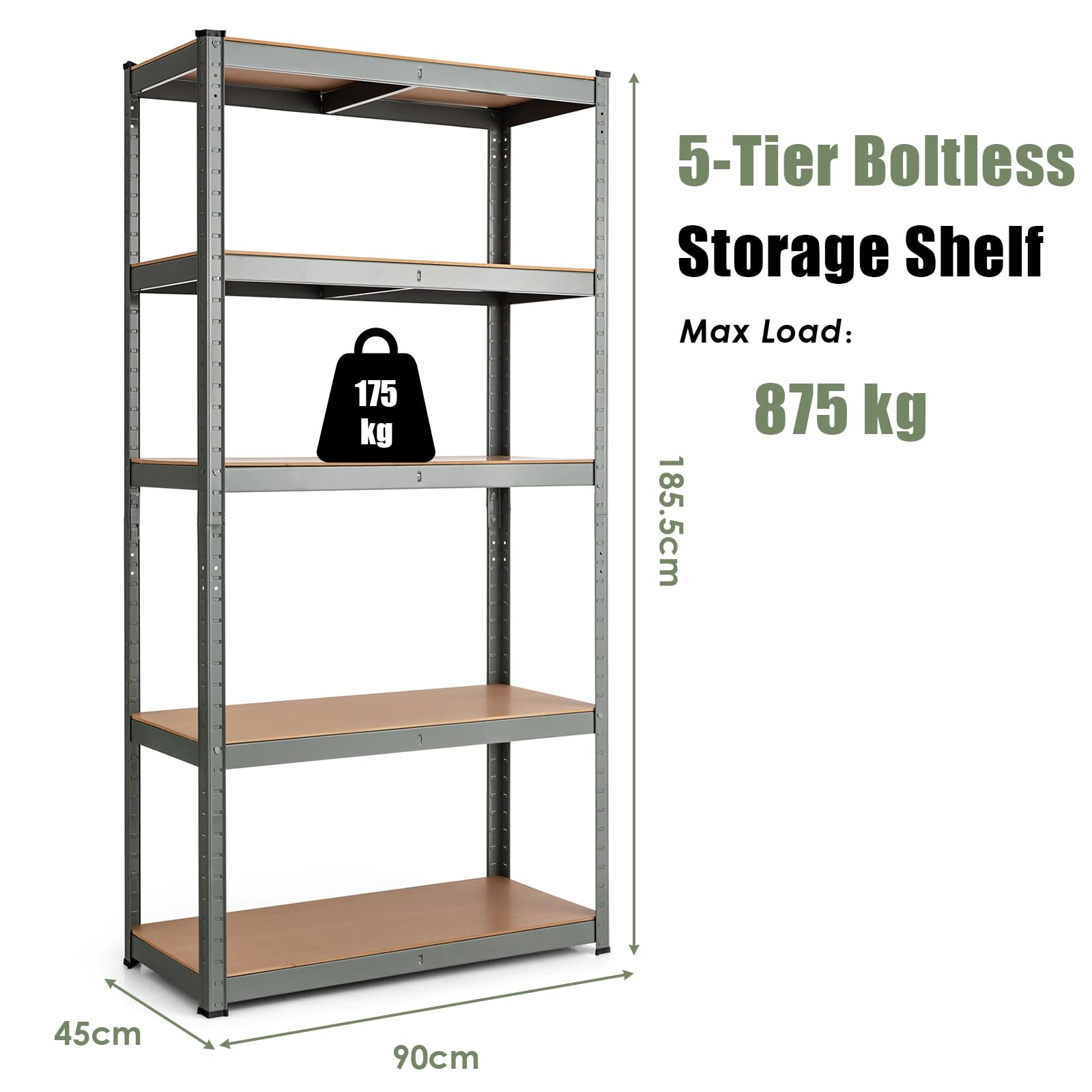 HOMASIS Estantería de metal para garaje con 5 estantes ajustables, ahorra espacio, estantes modulares para garaje, trastero, almacén, carga hasta 875 kg, 90 x 45 x 185,5 cm (gris)