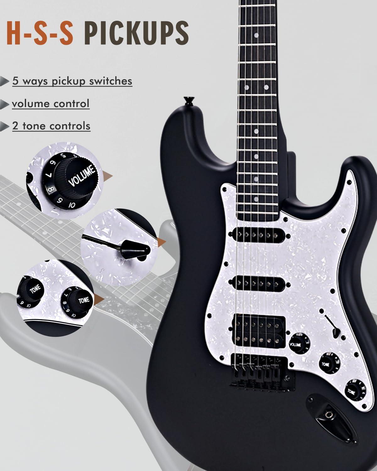 Winzz Guitare Électrique Adulte 4/4 Taille Pleine, Micro HSS, Guitare Électrique ST Kit pour Débutants, Enfants 12+ Ans Starter Pack avec 12 Accessoires (39" Matte Noir, Pickguard Blanc)