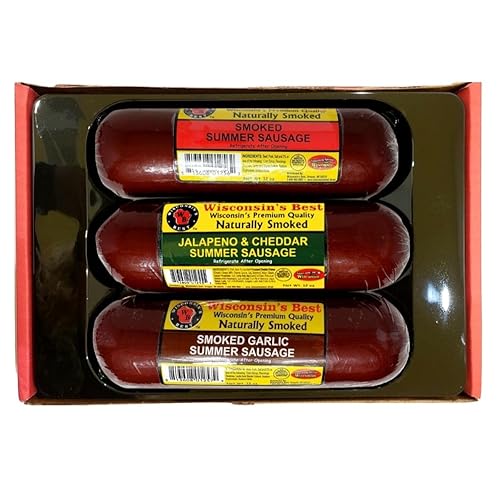 Cesta de regalo con salchichas ahumadas, sabor salchicha ahumada de verano, salchicha de verano con jalapeño y queso cheddar y salchicha de verano