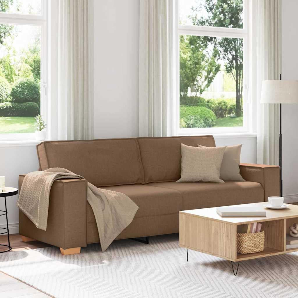 Sofa 3-osobowa, brązowa, 180 cm, tapicerka materiałowa, wytrzymała konstrukcja drewniano-metalowa do salonu, przytulna kanapa z szerokimi podłokietnikami