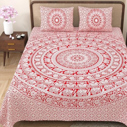 Image of Opulent Collection Double Bedsheet with 2 Pillow Cover | 100% Cotton Bedsheets for Double Bed | Handloom Bedsheet | Size 86x90 inches | King Size (90X102 Inches) (Cadmium Red, King)