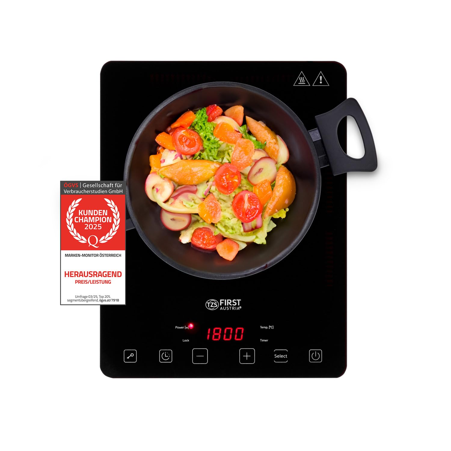 TZS First Austria Induktionskochplatte 2000W – Ultraschlankes Slim-Design & Kristallglas – Digitales Kochfeld mit Touch-Sensor, 10 Stufen & Timer – Ø 260 mm – Ideal für Camping, Garten & Büro