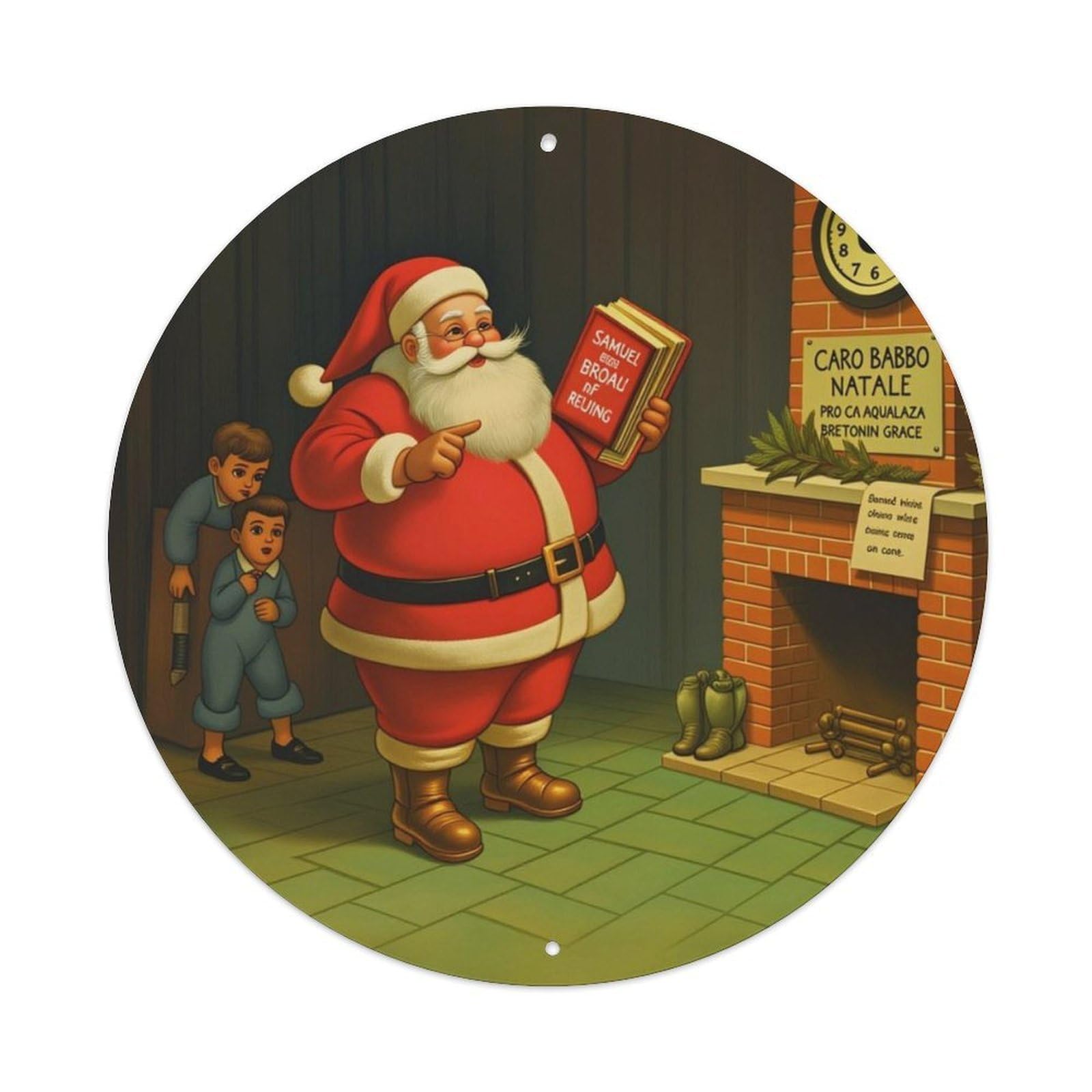 Vintage Fireplace Santa Claus Christmas Round Decor Sign Vintage Aluminium Metal Sign, Retro Wall Decor for Home, Bar, Garage & Farmhouse 20x20cm