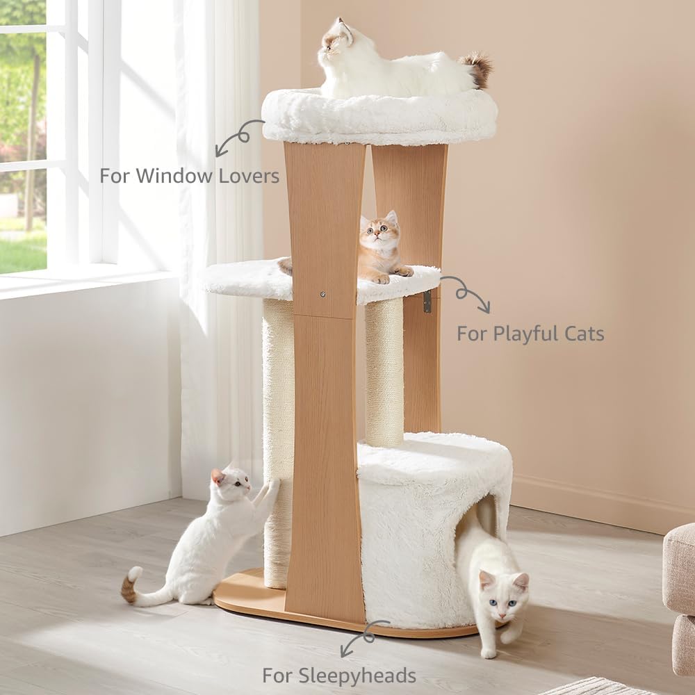 beeNbkks Cat Tree for Large Pets, Modern Tall Cat Tower with Condo Scratching Post Perch Bed, Indoor Wood Pet Furniture for Multiple Kittens
