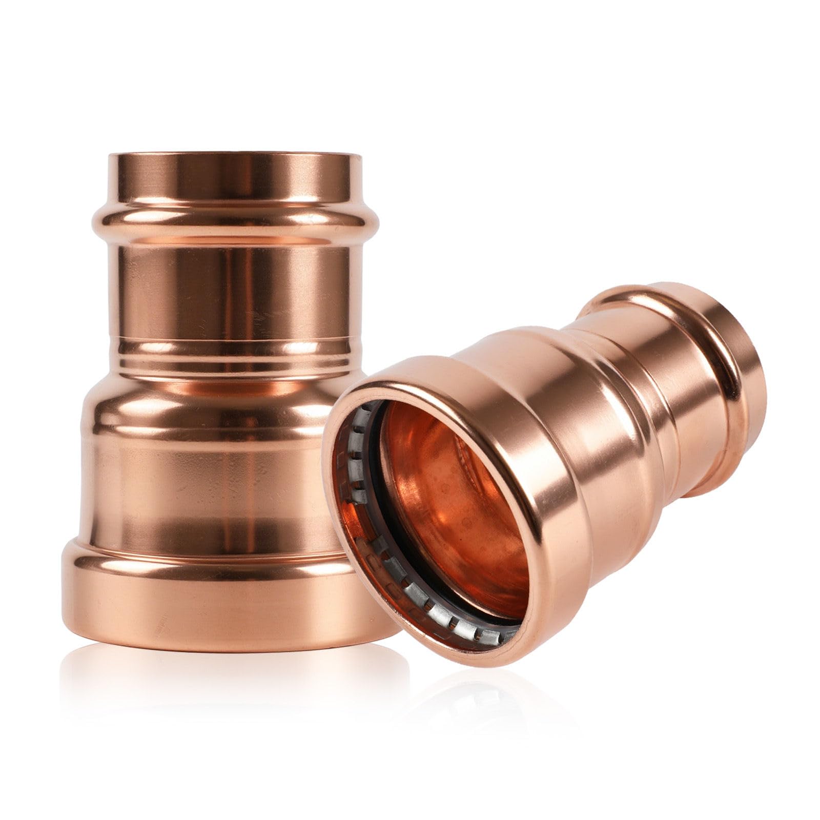 Paquete de 2 acoplamientos de presión de cobre GUOFIS sin tope, 1-1/4" x 1/2", acoplamiento de cobre para conexiones de tuberías de reparación y remodelación de plomería, diseño de flujo continuo.