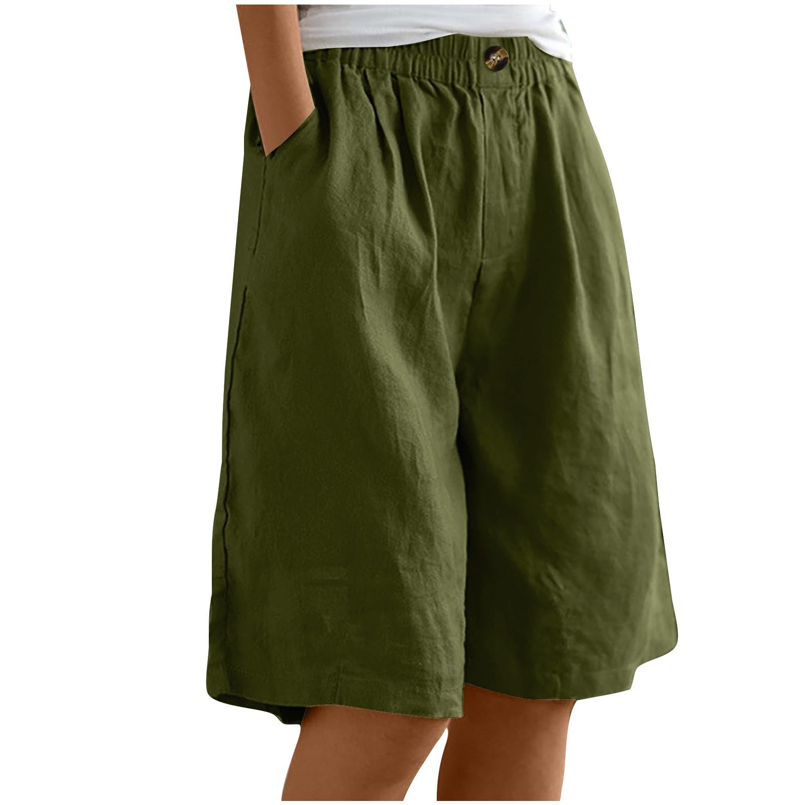 Bermuda Shorts for Women Knee Length Elastic High Waist Drawstring Loose Wide Leg Shorts Summer Casual Beach Clothes A01-Green M