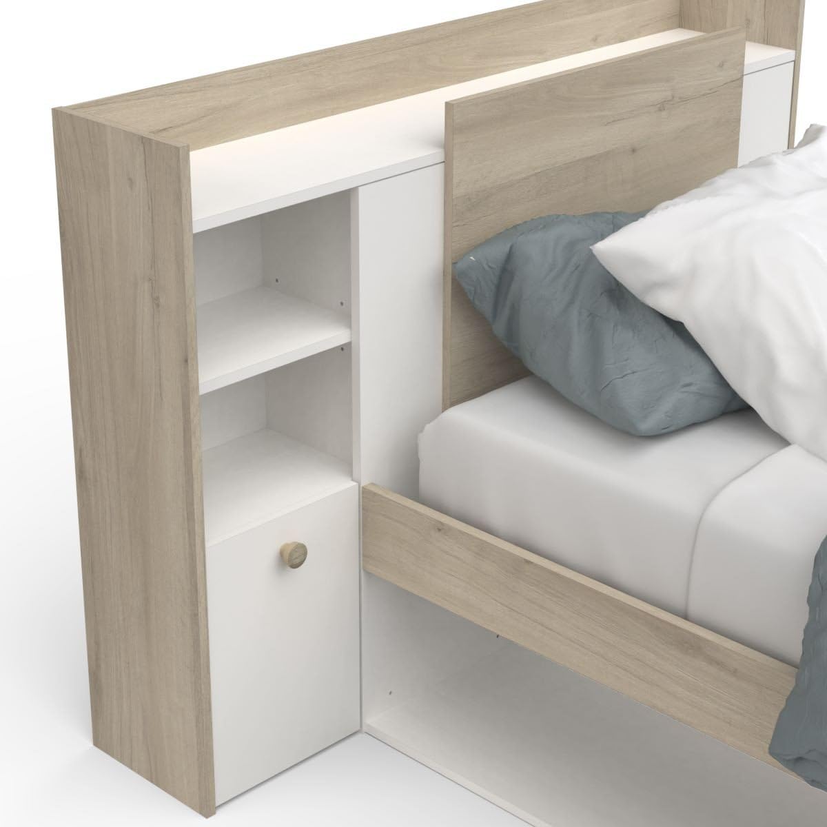 Demeyere Letto Componibile 90 x 190/200 con Contenitore 1 Anta 3 Nicchie 1 Cassetto, Bianco Opaco e Rovere Chiaro, 124.5 x 226.9 x 90.5 cm