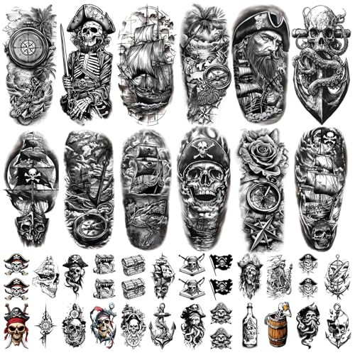 ​​77 Tatuajes Temporales Calaveras Piratas Unisex, 17 Diseños Grandes Medio Brazo Flores Pulpos, 60 Mini Anclas Relojes Realistas Adultos Niños​