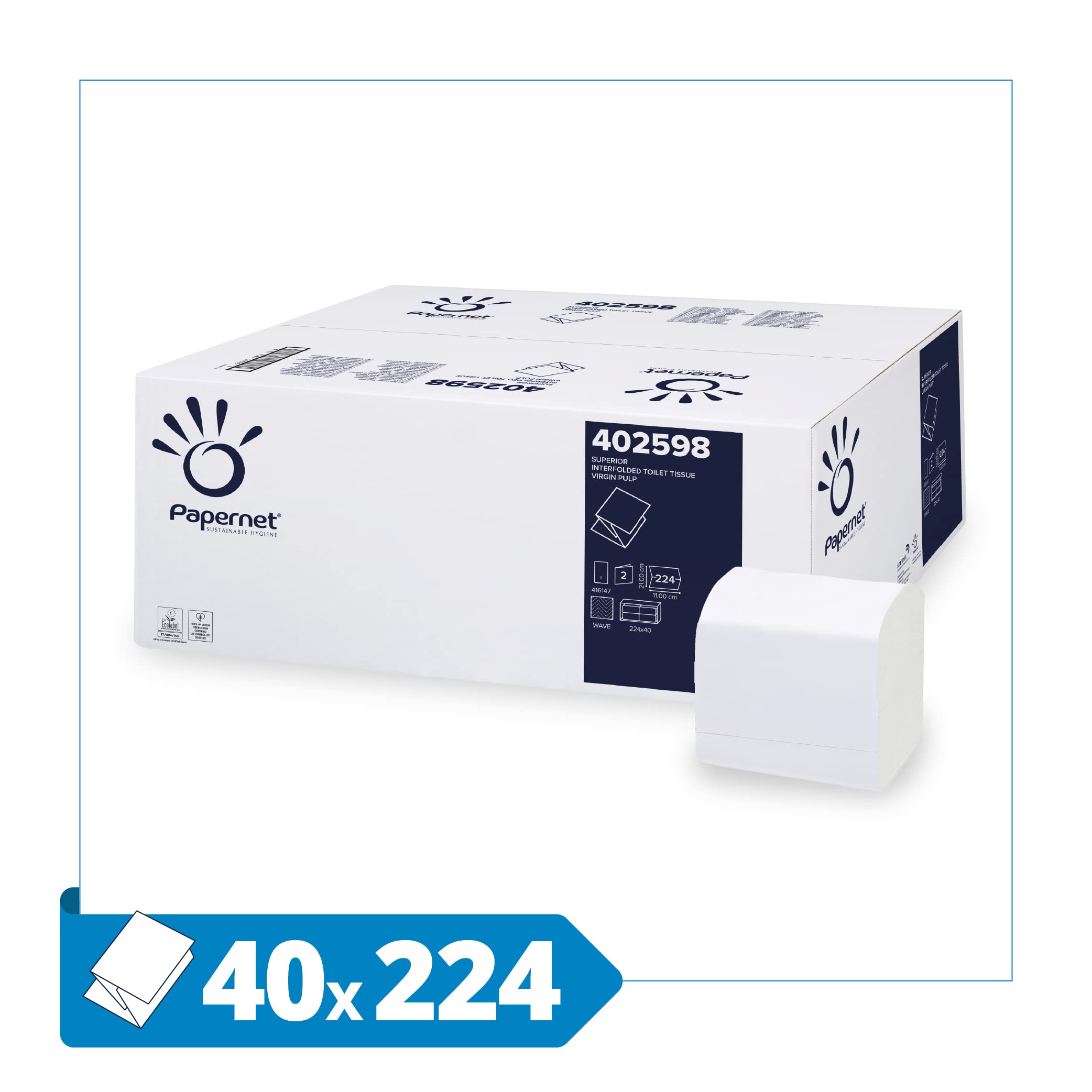 Papernet - Carta Igienica Interfogliata 402598, Realizzata in Pura Cellulosa, Due Veli, 224 Servizi per Clip, Dimensioni Servizio 21x11 cm, Dimensioni Piegato 11x10,5 cm