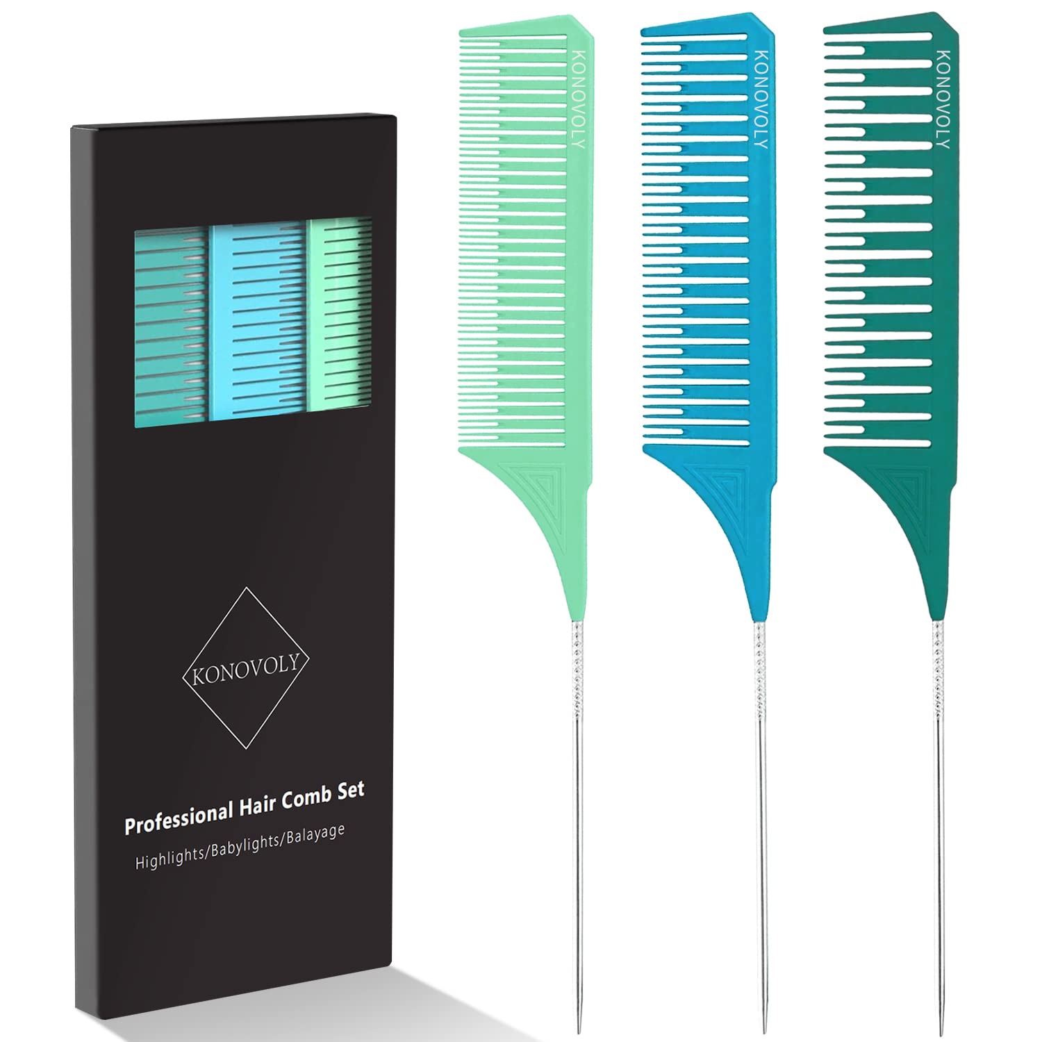 Hair Highlighting Comb Set 3 Size Nylon Professional Weaving Styling Dyeing Combs With Stainless Steel Pin Tail Teasing Heat Resistant For Home Barbershop Hair Salon (3pcs Blue)