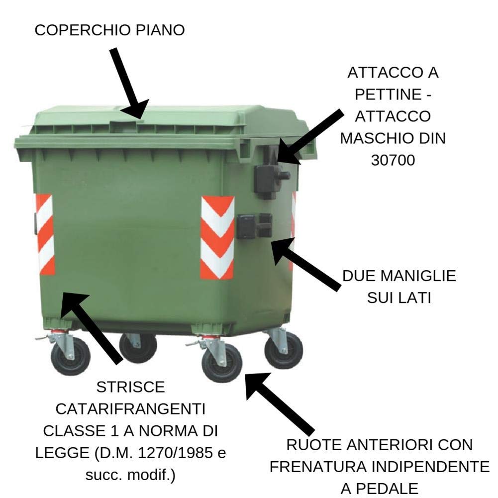 Cassonetto per la raccolta differenziata rifiuti, capacità 1100 Lt, certificato UNI EN 840, coperchio piano, colore verde