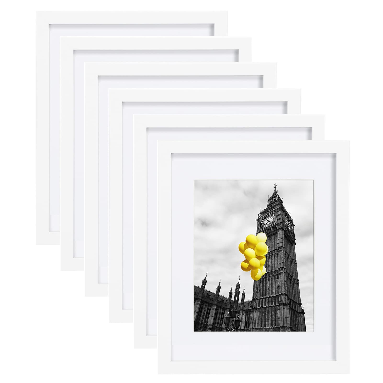 BSRHOME 11x14 Picture Frame Set of 6 with Plexiglass, Display Pictures 8x10 with Mat or 11x14 Without Mat for Tabletop Display and Wall Mounting, White