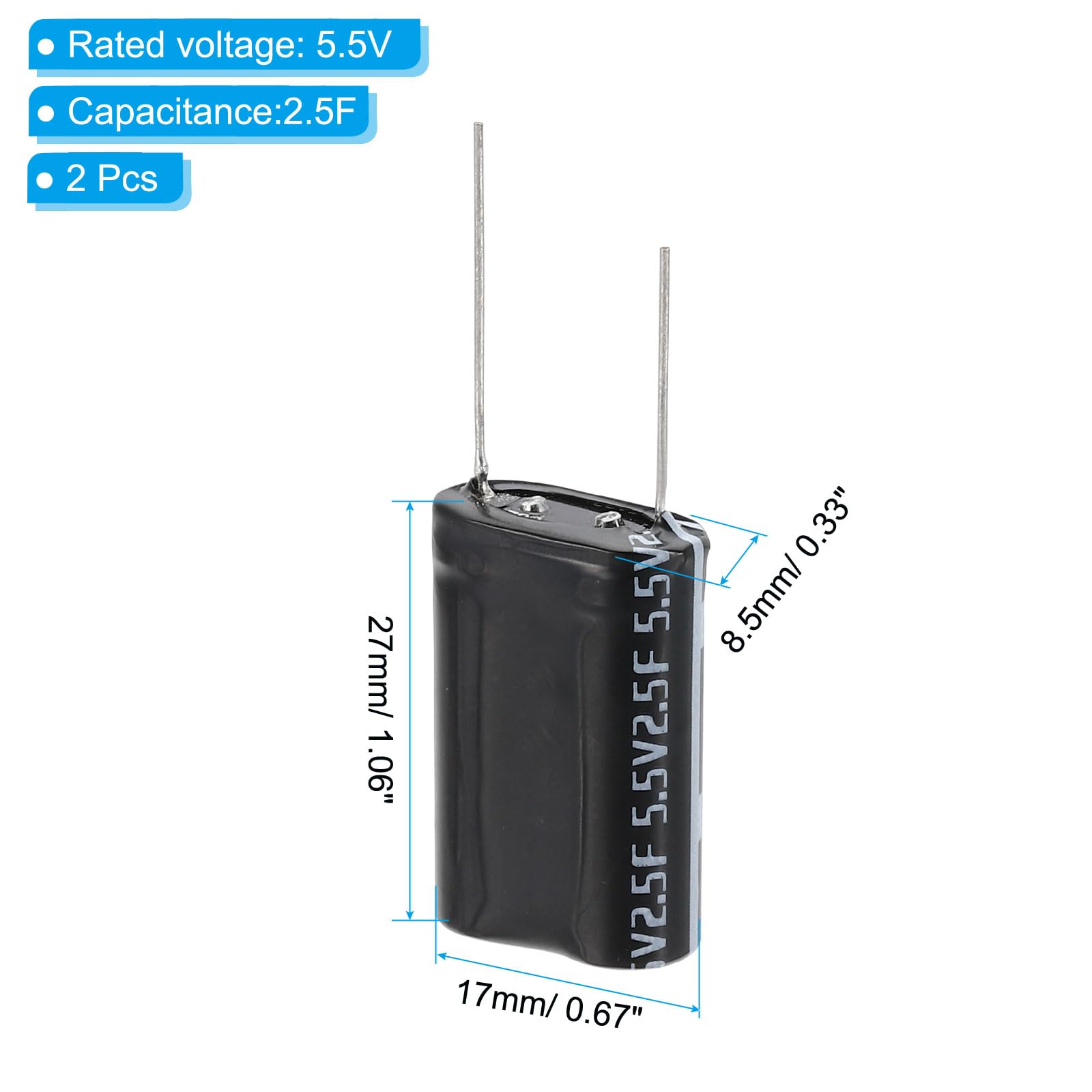 PATIKIL 2 sztuki 5,5 V 2,5 F superkondensator 0,67 x 0,33 x 1,06 cala aluminium superkondensatory typ nawijania magazynowanie energii do On Board Backup magazynowanie energii czarne