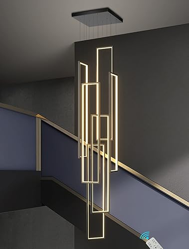 Flashing God Candelabro LED moderno de 6 anillas, color negro, grande, contemporáneo, para escalera, lámparas de techo alto regulables con control