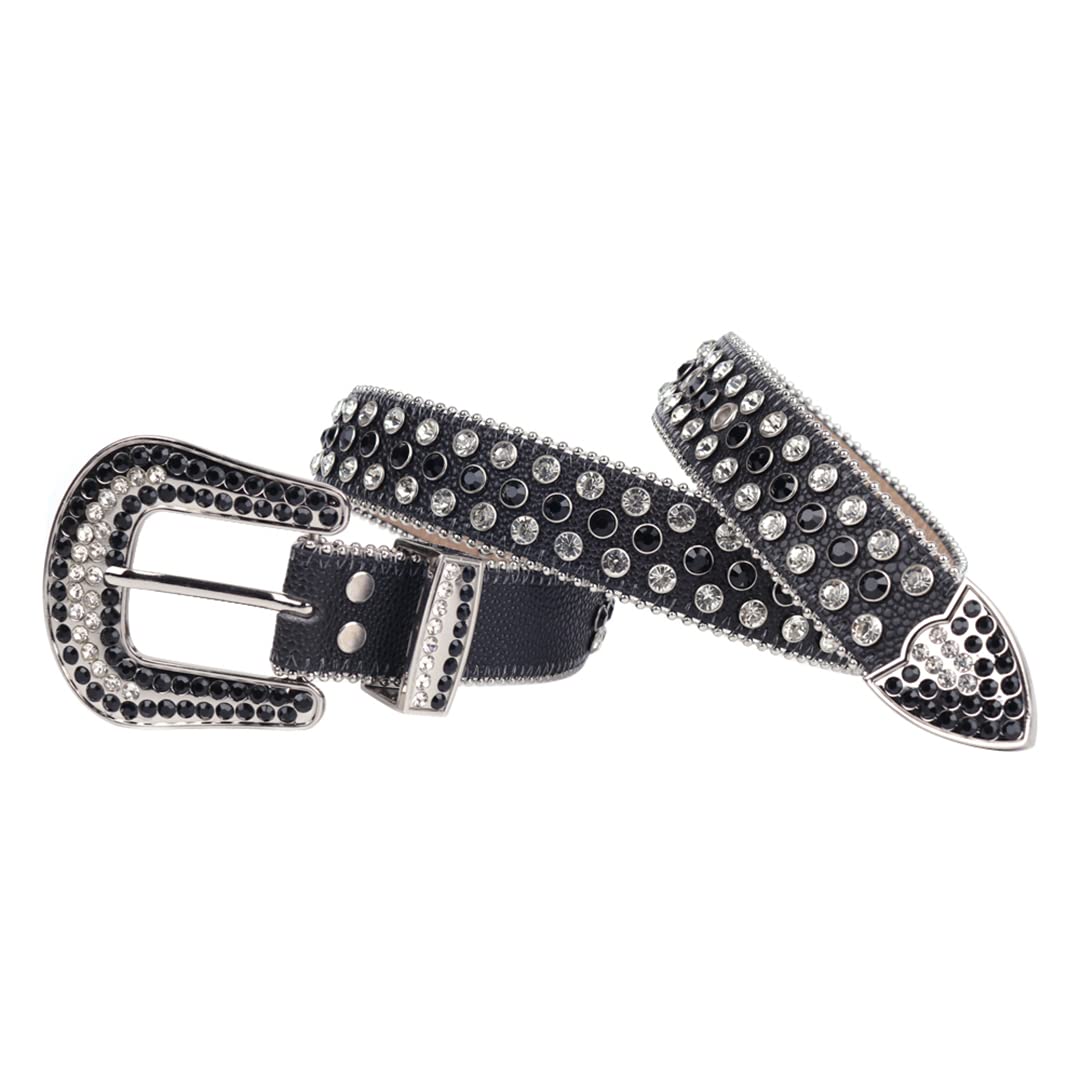 Ceinture Femme En Cuir Marron Motif Vache - Clous Argentés Et Strass, Taille M (34-35 Pouces)