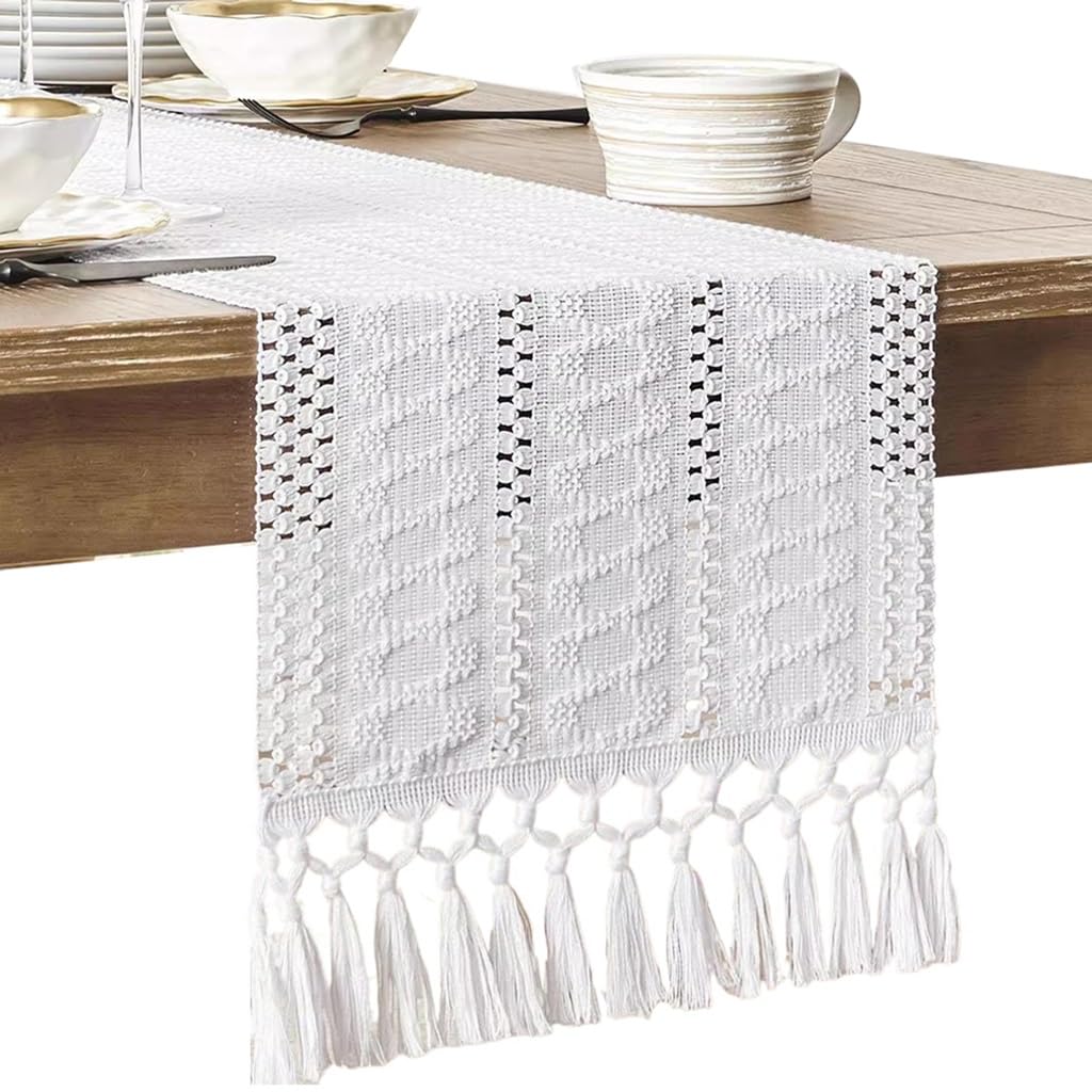 Table Runner, Cotton Linen Woven Green Table Runner With Tassels Vintage Jacquard Tablecloth For Dining Tables, Sideboards, Coffee Tables, 30x180cm(White,30x120cm)