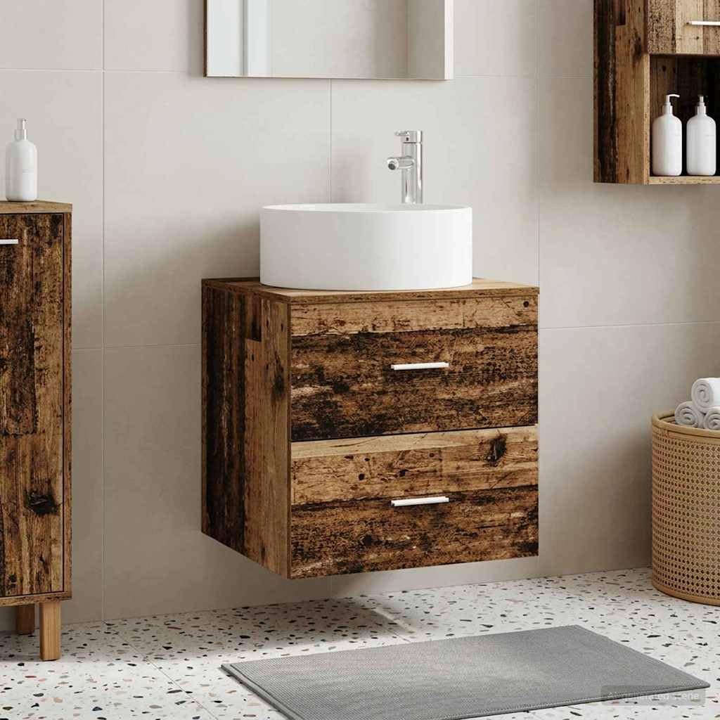 Lavabo montado en la pared con armario bajo madera envejecida, 49,5 x 44,5 x 65,5 cm, armario de baño colgante con 2 cajones para baño pequeño y aseo de invitados