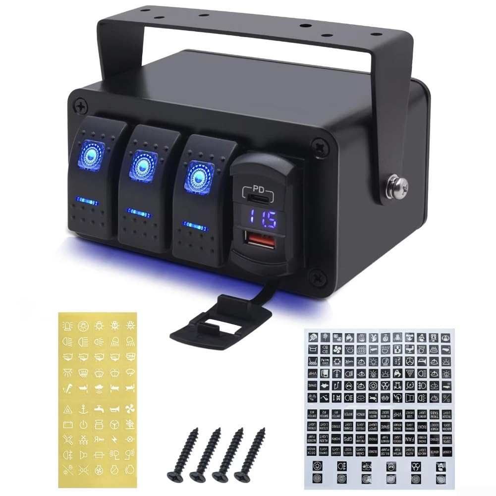 Panel de interruptor de 3 vías 12 V/24 V con voltímetro para barco camión – resistente al agua IP65 panel de control de aluminio con para USB C para carga rápida pd para marina para autocaravana