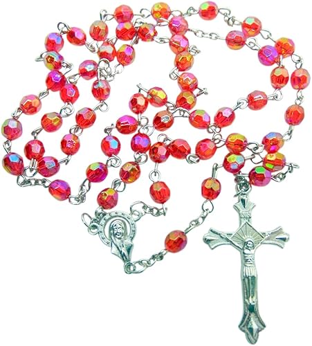 Westmon Works Rosario de cuentas acrílicas rojas de primera comunión con centro de mesa de metal Mary y juego de crucifijo con bolsa de cordón y