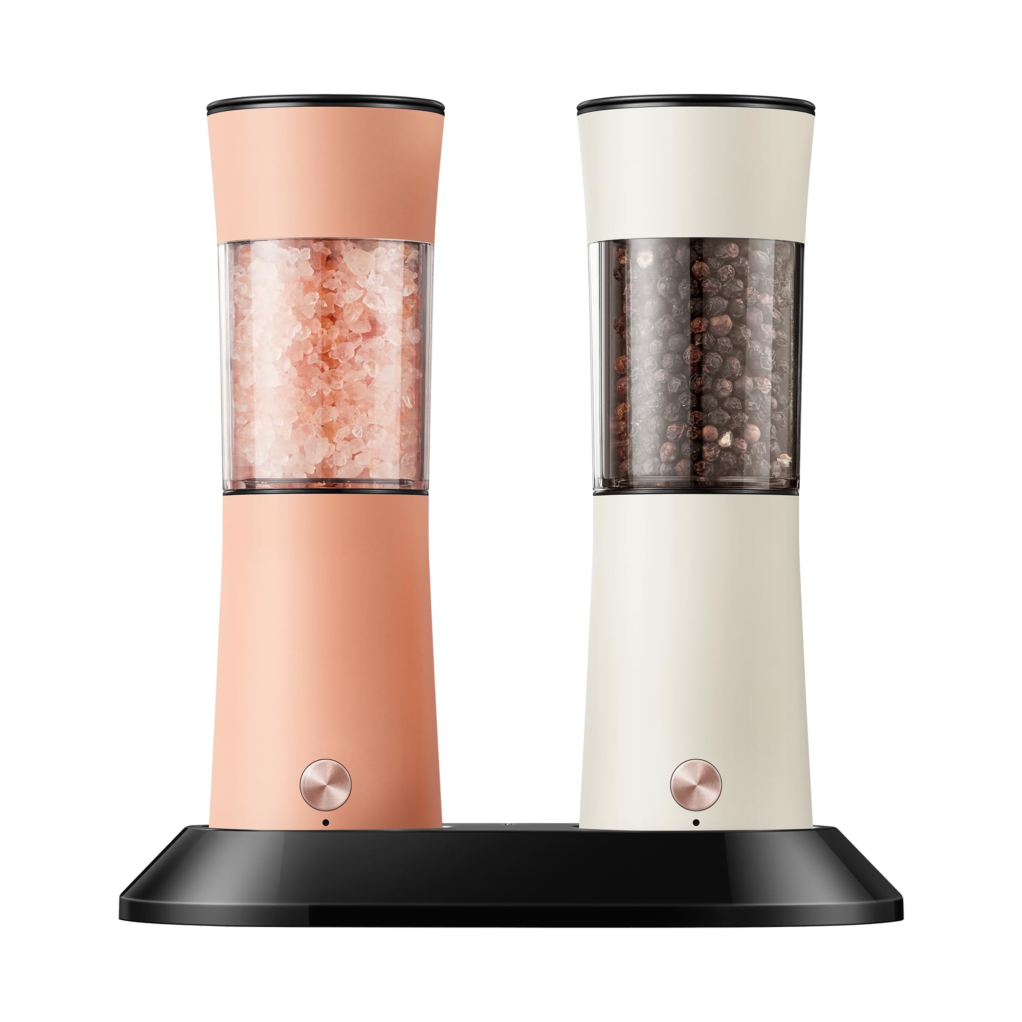 Gravity Electric Salt and Pepper Grinder Set with USB-C Charging Base,Rechargeable Automatic Stainless Steel Pepper Mill Grinder with LED Light, 2pack+Peach Orange (Peach Orange +Buttercream)