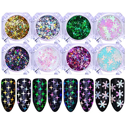 CoulorButtons 8Boxes Nail Glitter Sequins Holographic Laser Iridescent Flakes Holographic Pink AB Color Christmas Snowflakes Stars Flakies 3D Decoration